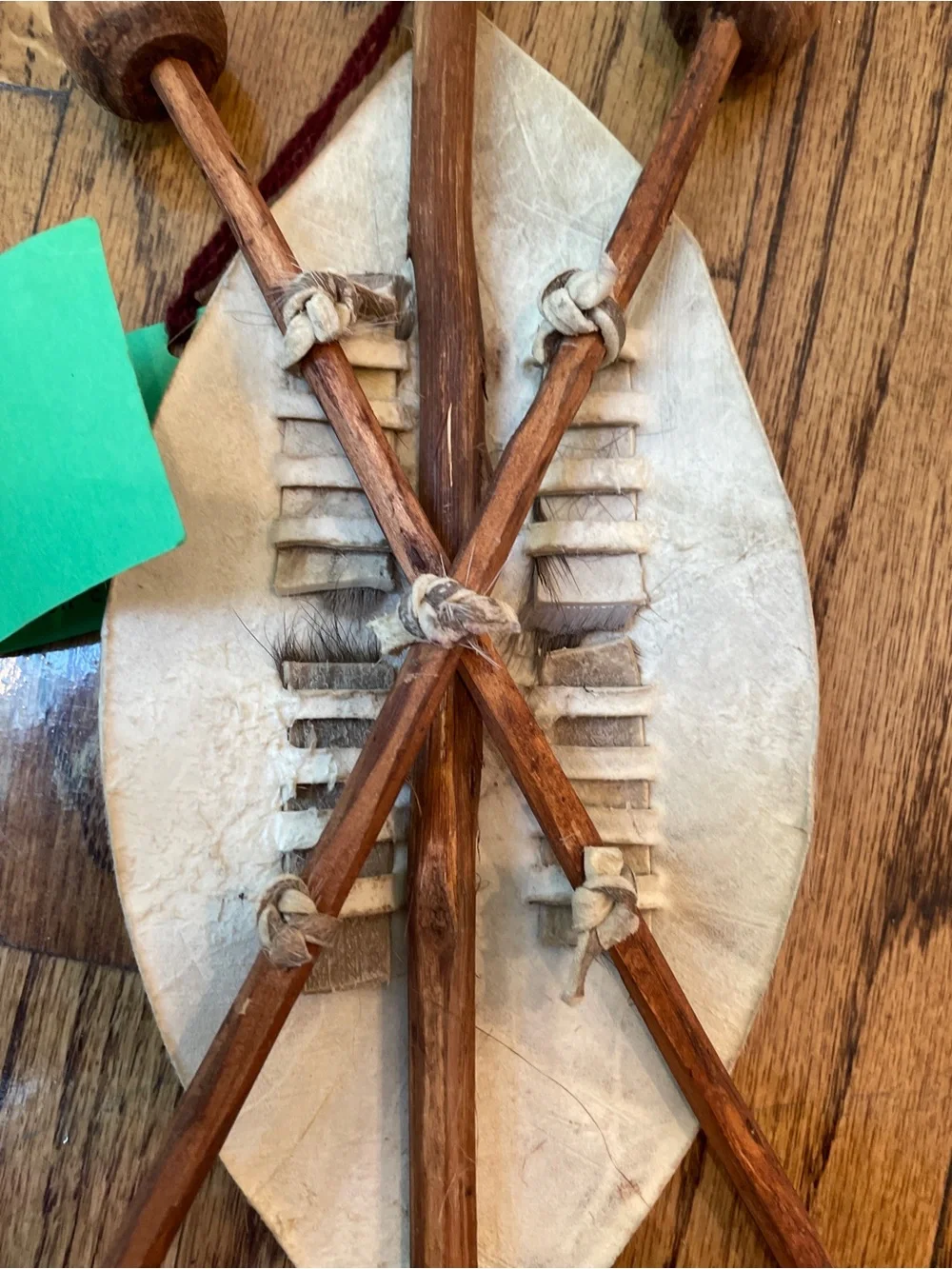African Hide Shield Folk Art Wood Spears Ceremonial Style Wall Decor 12”